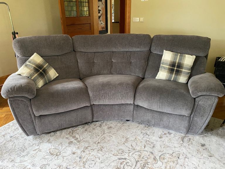 Grey Fabric Recliner Sofas – Two 3-Seater Set, Good Condition
