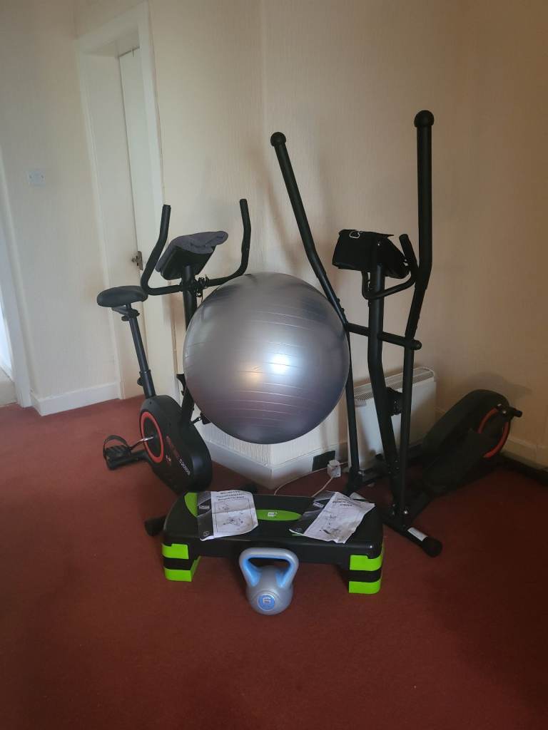 Exercise bike / Cross trainer / gym ball / 6kg & step and skipping rope