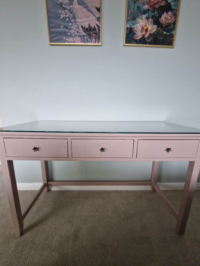 Solid wood dressing table with safety glass top. 