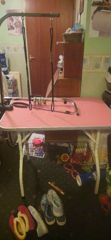 Pet dog grooming table with basket