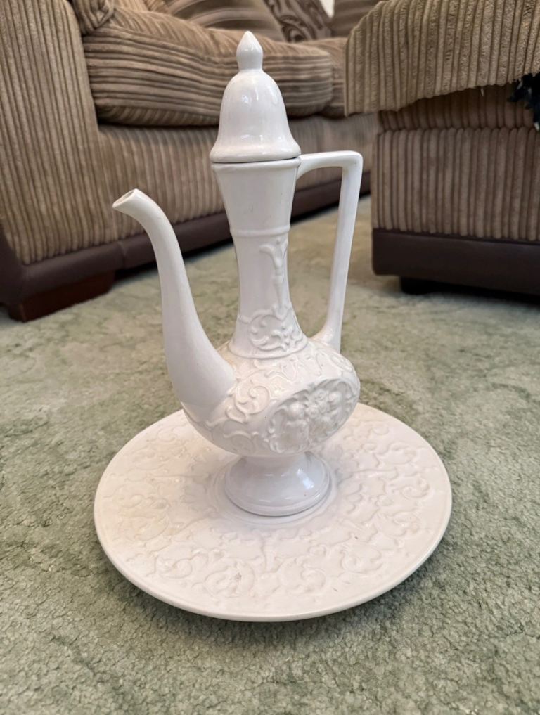 Vintage Ceramic Ewer Jug With Plate Made In Portugal White Embossed Decorative
