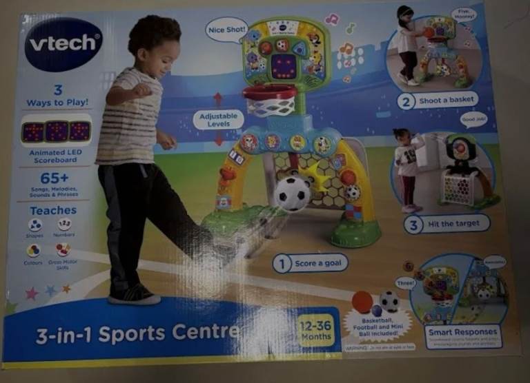 VTech 3-in-1 Sports Centre Baby football Net & Basketball Hoop sounds 2-3yrs NEW