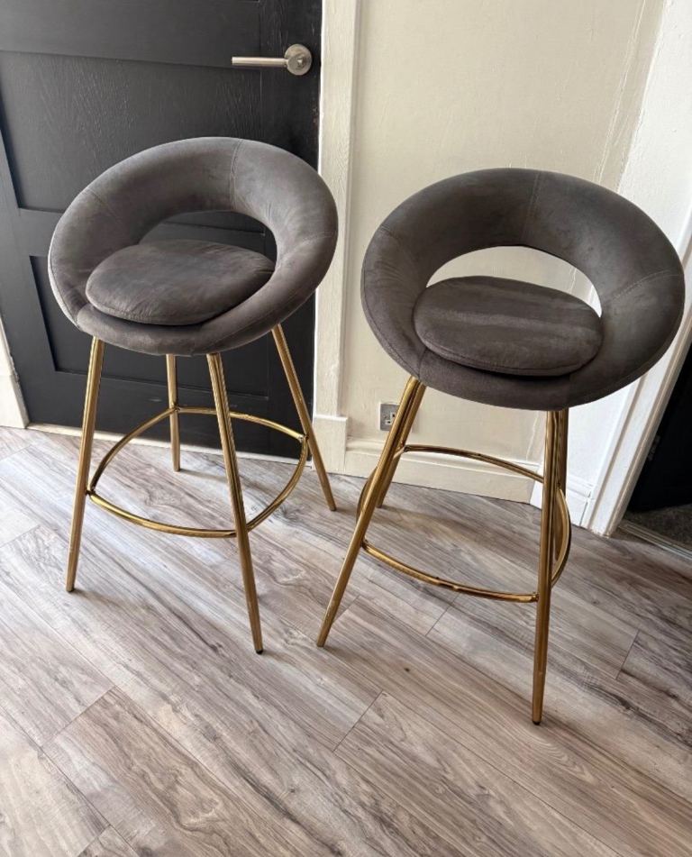 2 x Dunelm Luna Grey Plush Velvet Bar Stool with gold legs 