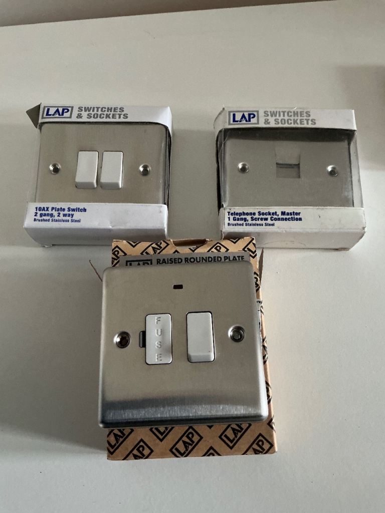 New LAP Bundle 3 Items Brushed Stainless Steel Fused Spur telephone socket 2 gang light switch