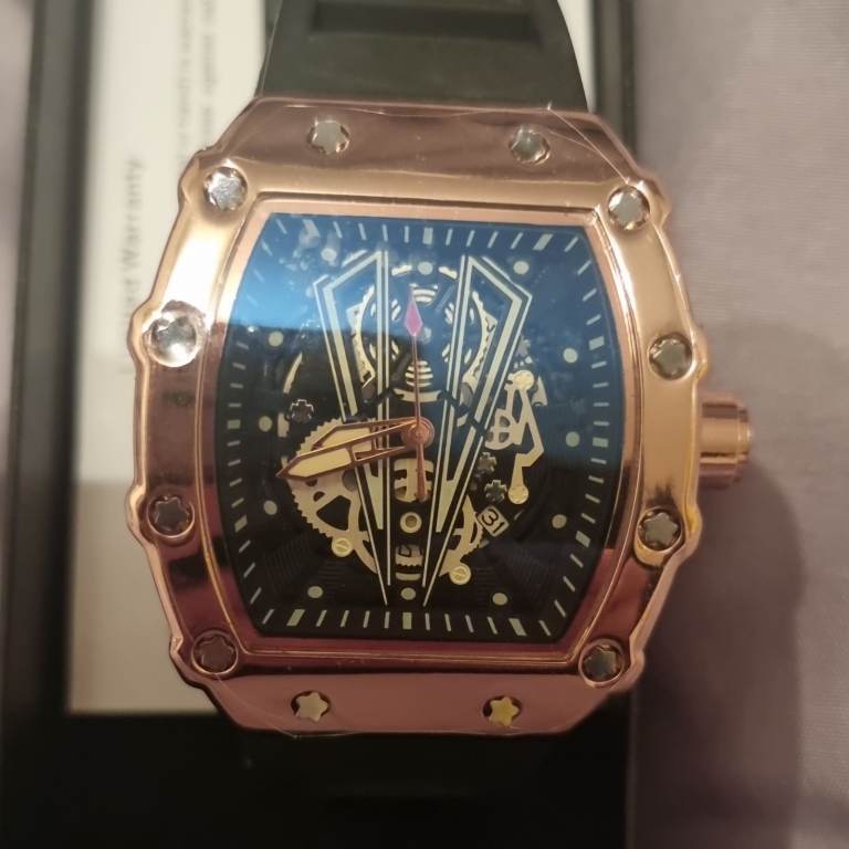 New Rose Gold Skeleton Watch with Black Strap