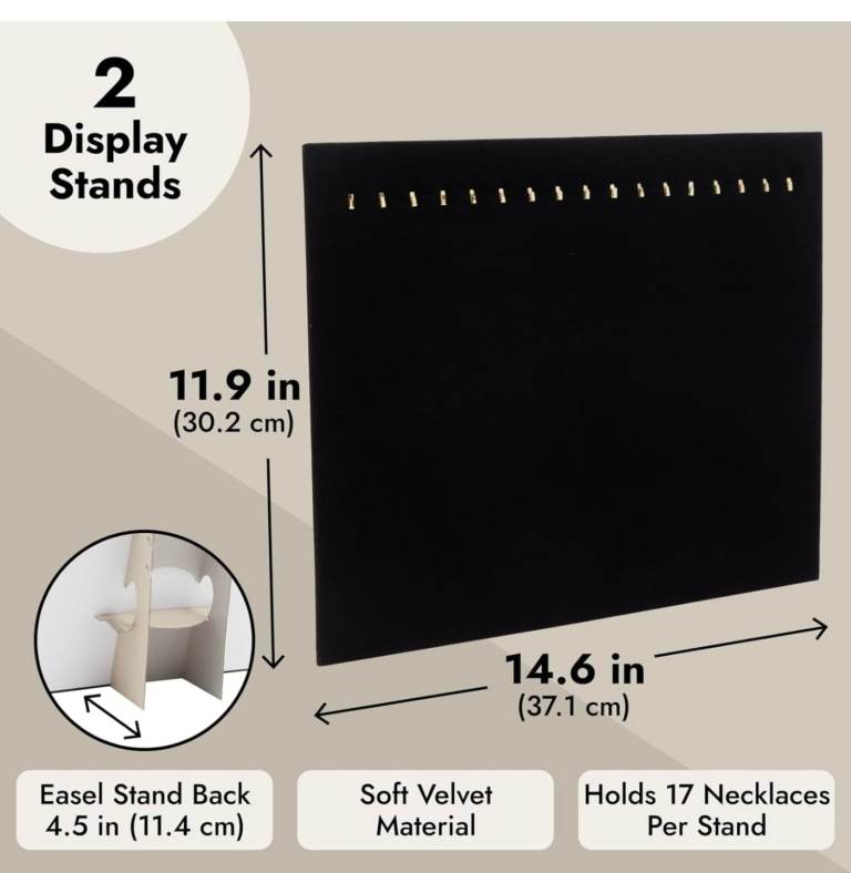 2 Pack Jewelry Display, Black Velvet, Boutique Necklace Stands Boards with Hooks