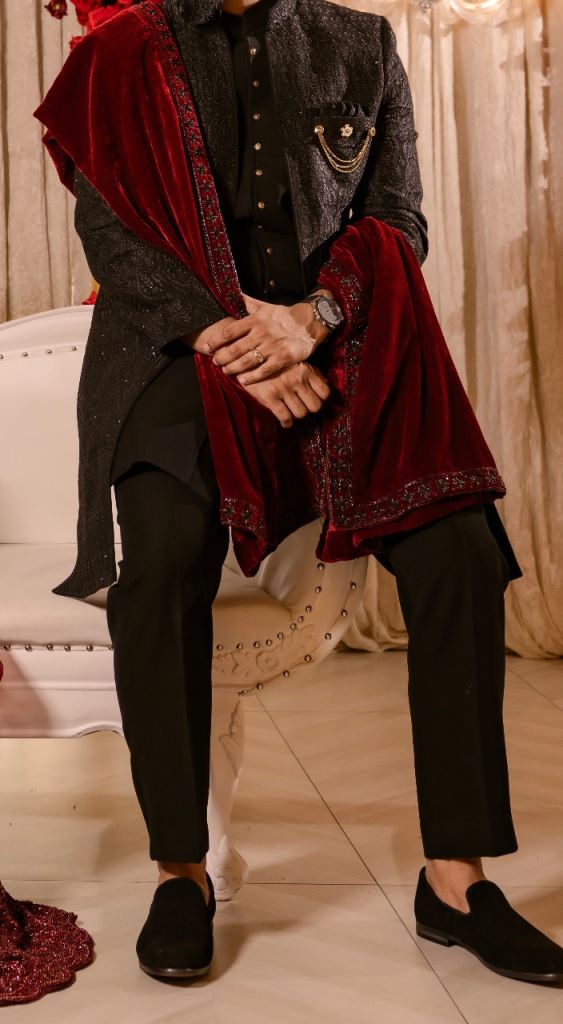 Men’s Black Embroidered Sherwani Set with Velvet Shawl