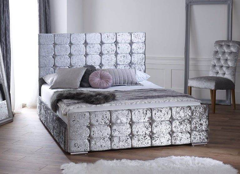 Bargain, brand new, Silver Cube design velvet double bed, sturdy, solid base, sprung, Mattress.
