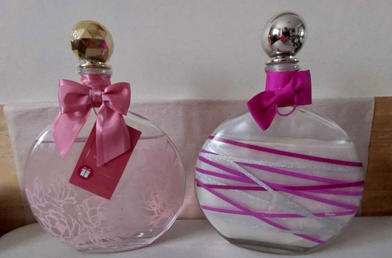 Pair of Decorative Glass Bottles with Ribbons 