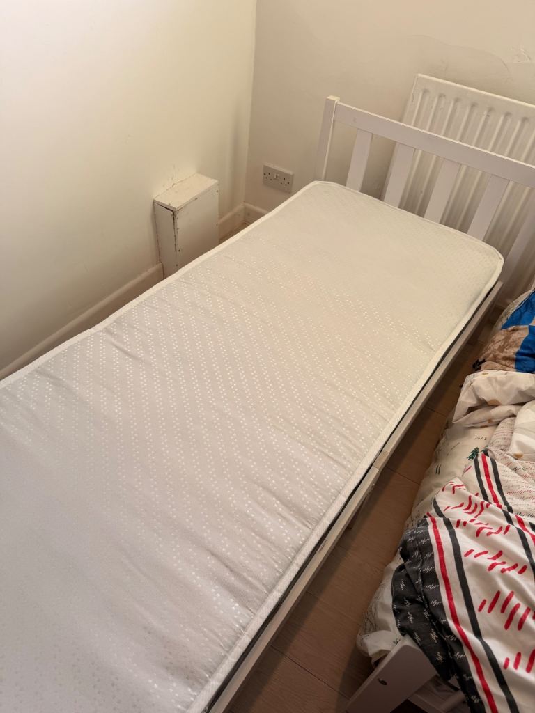 White Single Bed Frame with Mattress – Good Condition