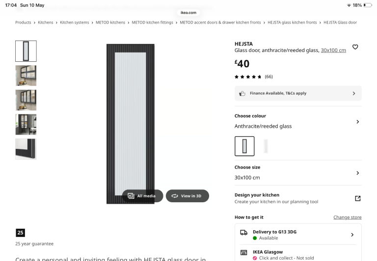 2 x IKEA HEJSTA Kitchen Cabinet Glass doors anthracite / reeded glass 30x100 cm RRP £40 each !