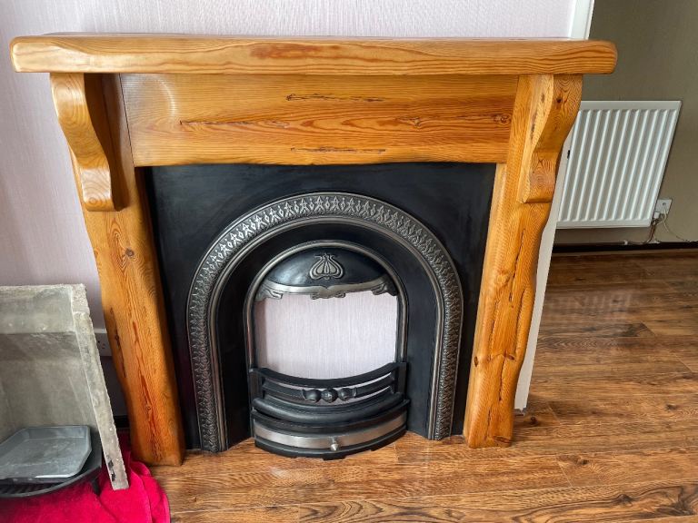 Pine chunky fireplace with insert,grate and surround,£130
