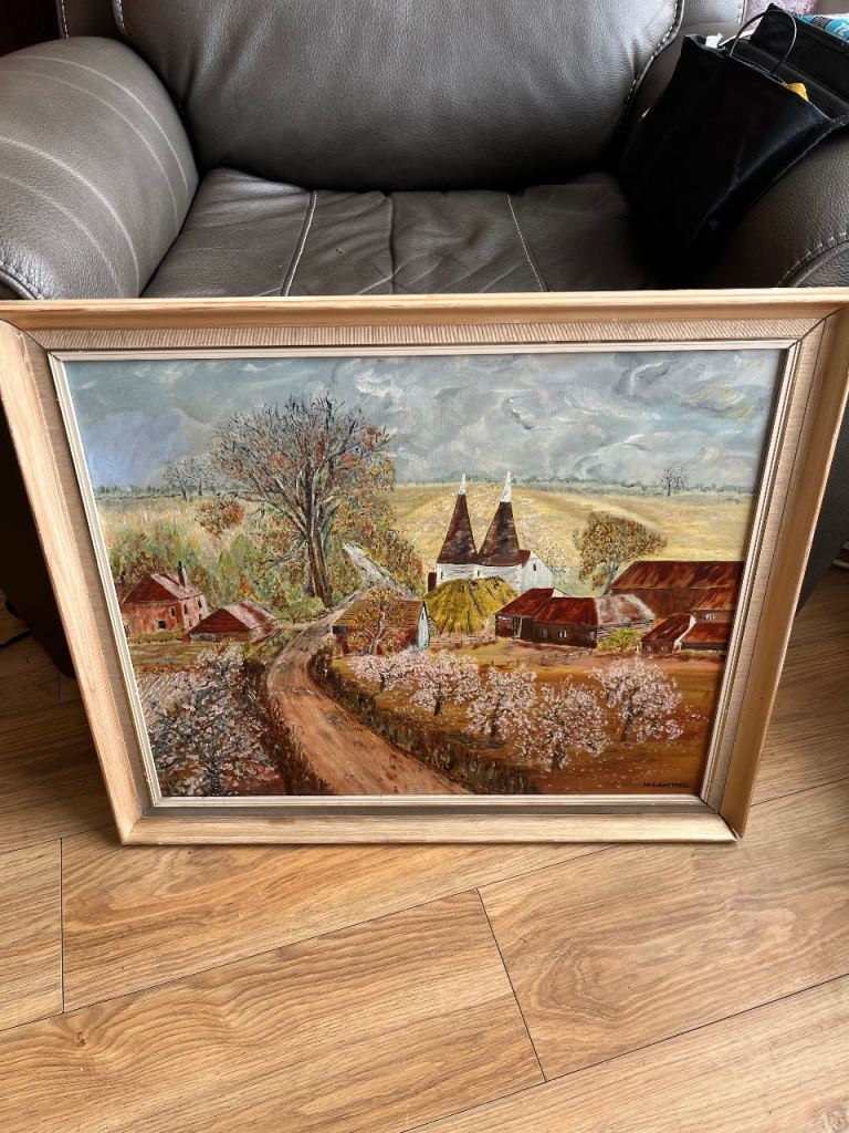 Vintage Oil Painting of Oast Houses – Framed
