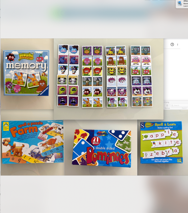 4x: Ravensburger Moshi Monster memory cards, WHS Spell & Lear, ELC spell a puzzle Farm, Dominos