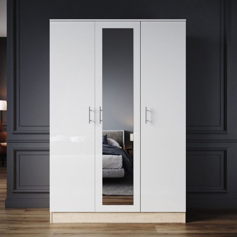 New White & Oak 3 Door Mirrored Wardrobe 180 x 50cm RRP £370 Our Price £265