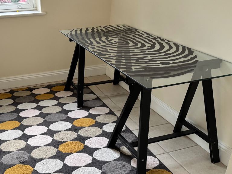 Glass Top Desk with Black Trestle Legs – Good Condition