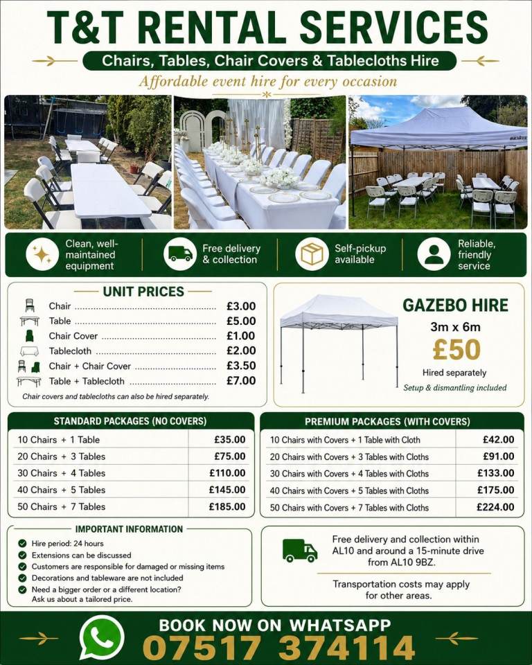 We provides affordable chairs, tables, chair covers, tablecloths and gazebos for hire/rent