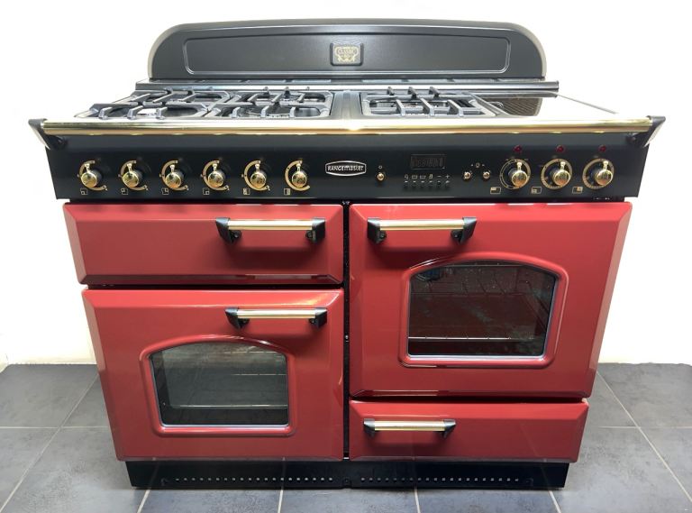 RANGEMASTER CLASSIC 110 CM🔥DUAL FUEL ⚡️RANGE COOKER IN CLARET RED & BRASS TRIM.