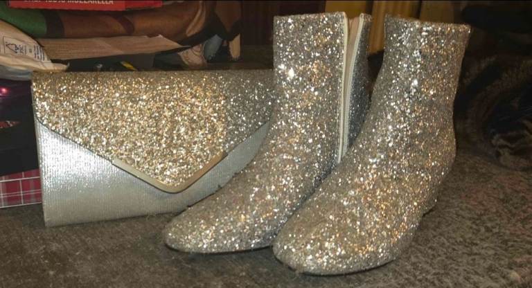 Sparkly Silver Ankle Boots and Matching Clutch Bag – Great Condition