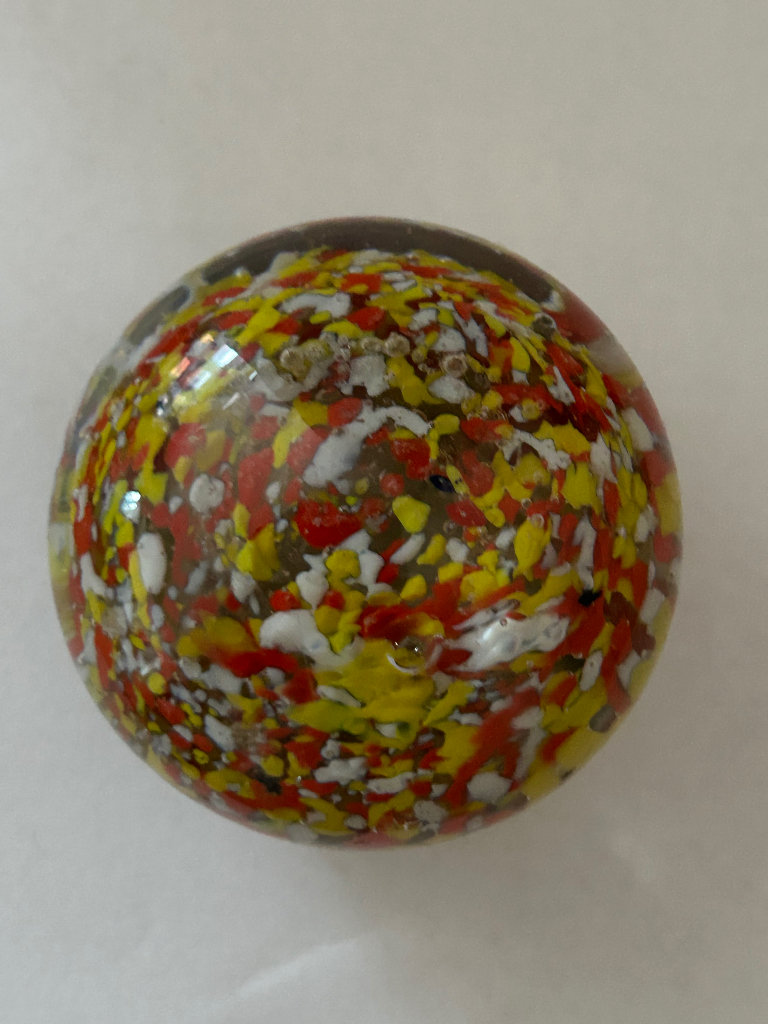 Vintage Handmade Art Glass Paperweight In Red, Yellow & White Flecks 7cm