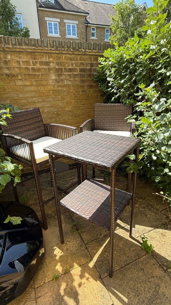 Garden Bistro Table & Two Chairs - Brown Rattan, Bar Height