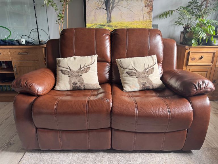 Brown Leather Two-Seater Recliner Sofa – Fair Condition