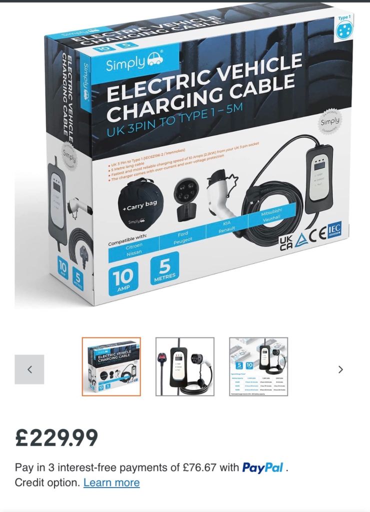 Simply electric charging cable 10 amp 5m RRP £229