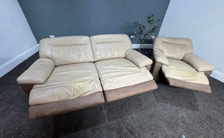 SCS Two Tone biscuit Leather & Brown Suede Fabric Power Recliner 3 Seater Sofa & Armchair  £395 