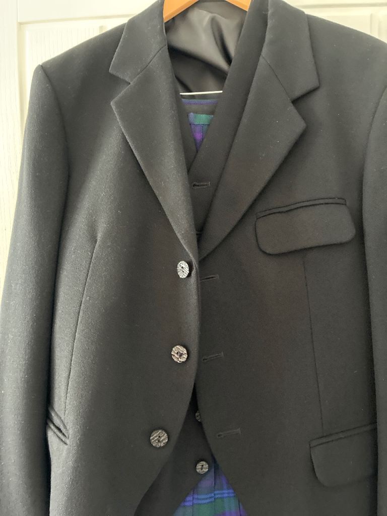 Traditional black Argyll jacket and waistcoat with kilt and accessories 