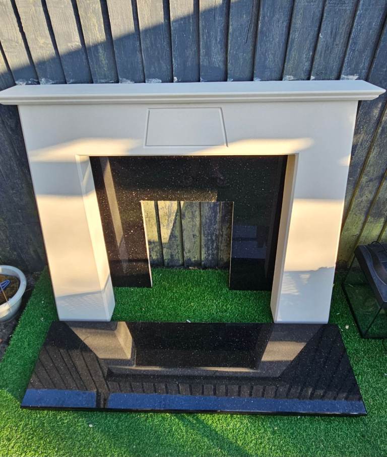 Fireplace Surround with Black Granite Insert and Granite Hearth