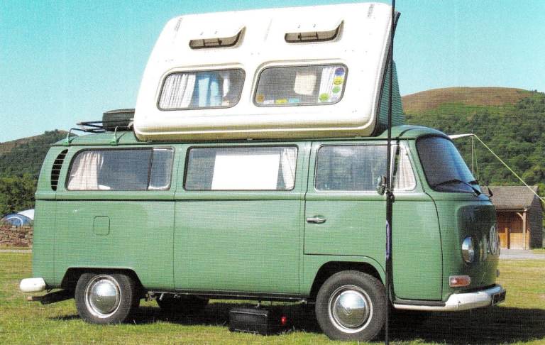 44 Framed original featuring VW/Volkswagen Dormobile Classic Camper GREEN with Green Striped Popup