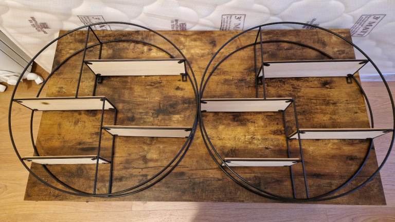 LIFA LIVING Round Wall Shelf Units, Set of 2, Black Metal and Wood