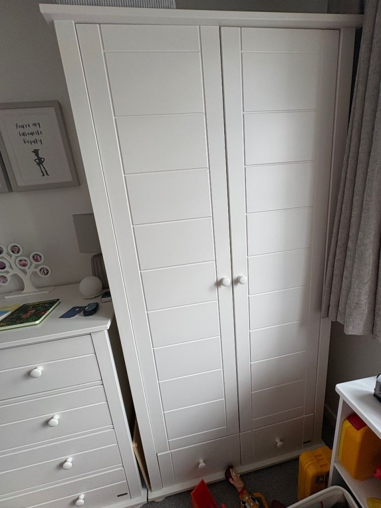 White Wooden Wardrobe and Chest of Drawers Set – Good Condition