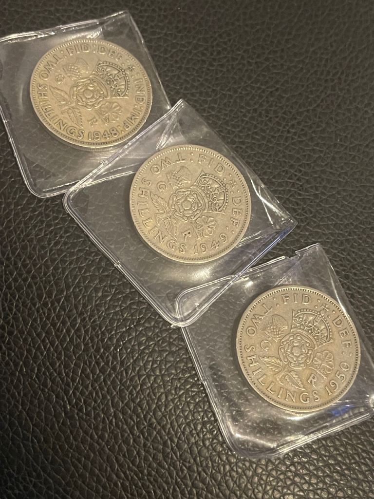 Three Old British Two Shilling Coins (Florins) - 1948, 1949, 1950