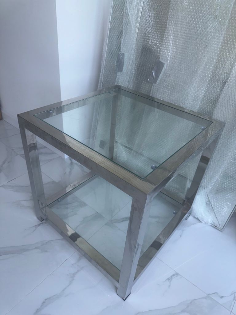 TEMPTED GLASS & CHROME CUBE SIDE TABLE