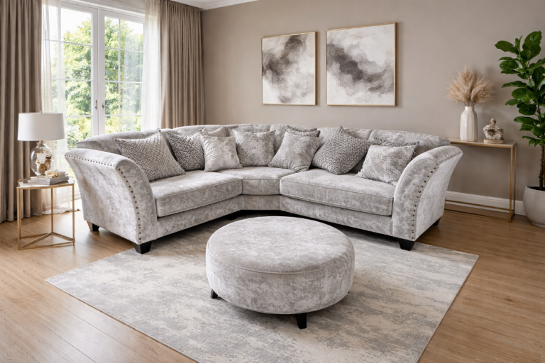 Luxury Curved Grey Corner Sofa + Matching Footstool – Immaculate