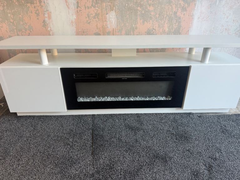 White TV Stand with Electric Fireplace and LED Lights