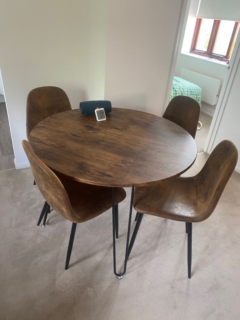 Round Dining Table and 4 Chairs – Brown Wood Effect