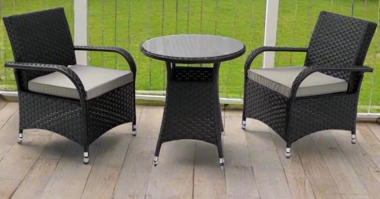 Black Rattan Patio Bistro Set with Grey Cushions