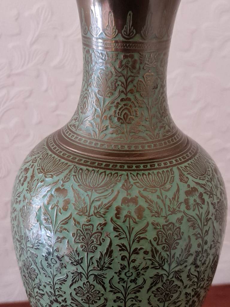 Vintage Niello Green Enamel & Brass Pot Vase