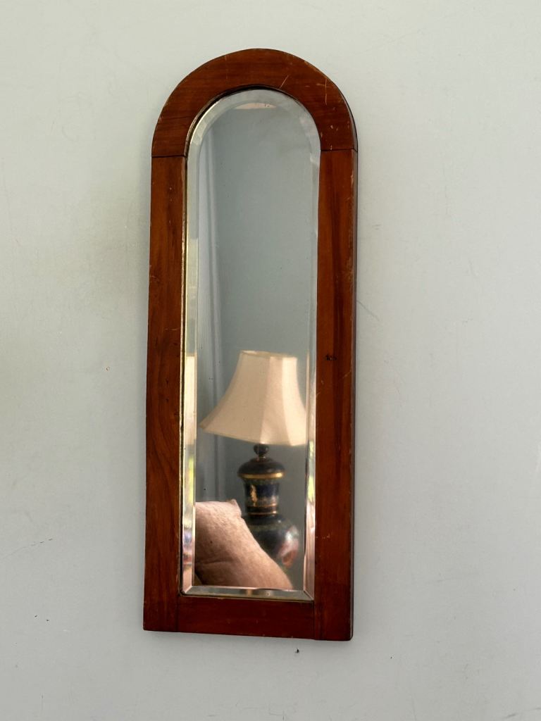 Vintage Arched Bevelled Mahogany Mirror  H23in/58cm W8.5in/22cm Some Marks D262