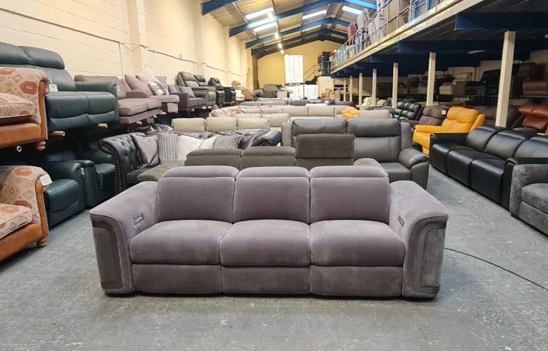 Ex-display Plaza chenille charcoal fabric electric recliner 3 seater sofa