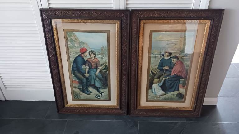 image for Antique seaside picture pair with carved wooden frames