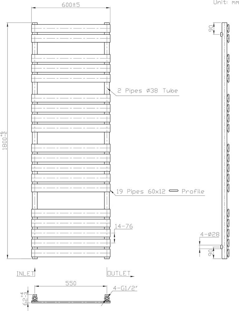 Warmehaus Minimalist Bathroom Flat Panel Heated Towel Rail Radiator Ladder Rad 1800 x 600 mm - White