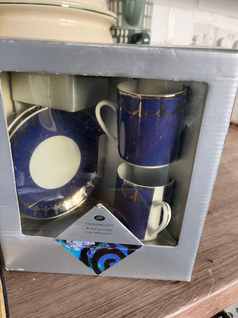 Boots Espresso Set - New, Blue and Gold Ceramic Cups and Saucers