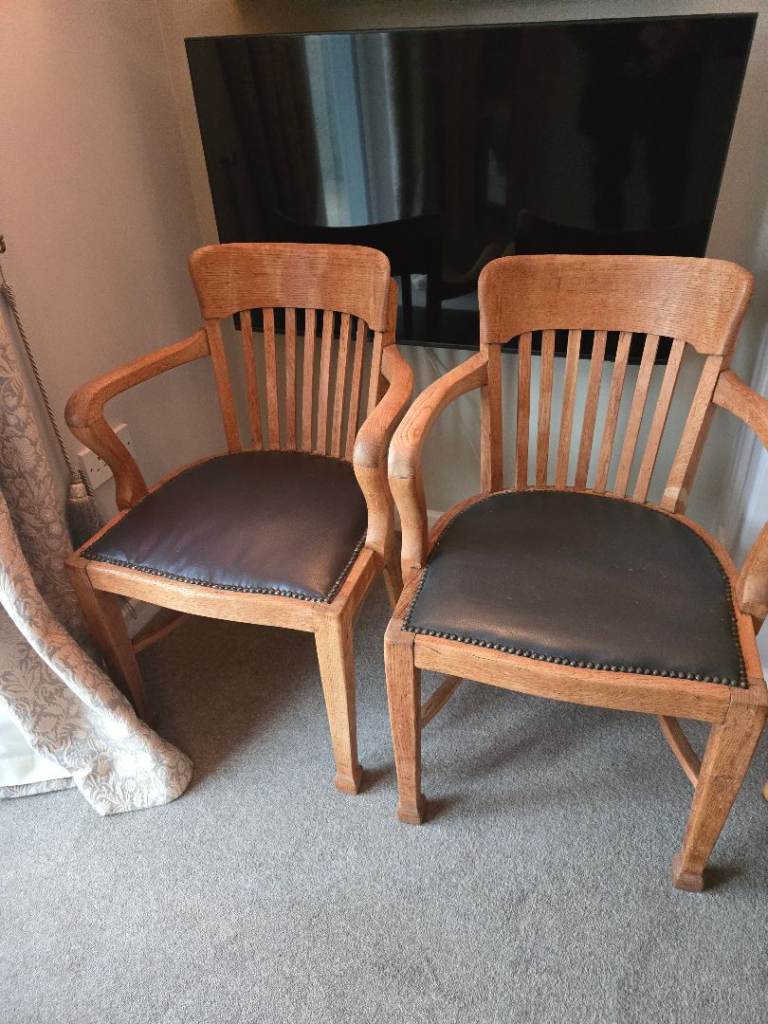 Pair of Wooden Office Chairs with Leather Seats – Good Condition