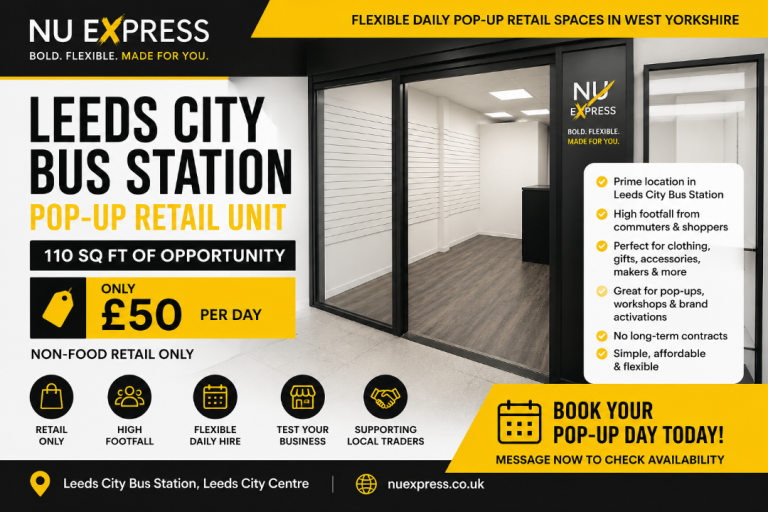 Leeds City Centre Pop-Up Retail Space — £50 Per Day | Bus Station Location | 110 sq ft