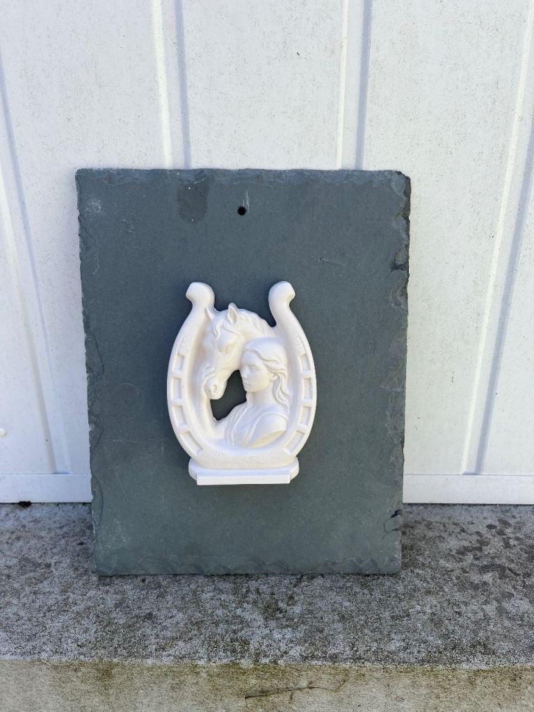 Decorative Slate Plaque with Horse and Lady Relief