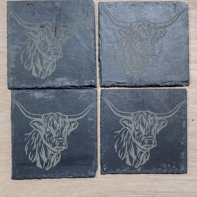Set of 4 Slate Coasters with Highland Cow Design