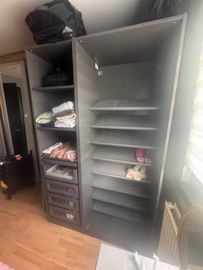 Large Grey IKEA Wardrobe Units with Shelves and Drawers